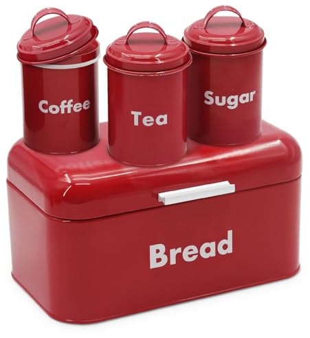 Plexon Bread Box for Kitchen Countertop, Bread Container with Coffee, Tea, Sugar Canisters, Metal 4-Piece Bread Box Set with Lids, Red