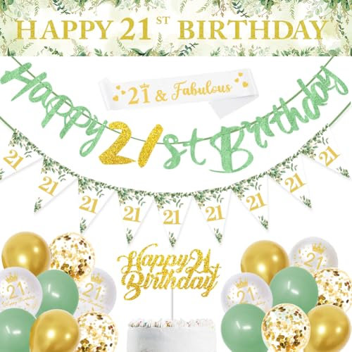 21st Birthday Decorations,Sage Green 21st Birthday Party Decorations Include Happy 21st Birthday Banner,Triangle Flag and Confetti Balloons for Party Birthday Decorations (21st Birthday)