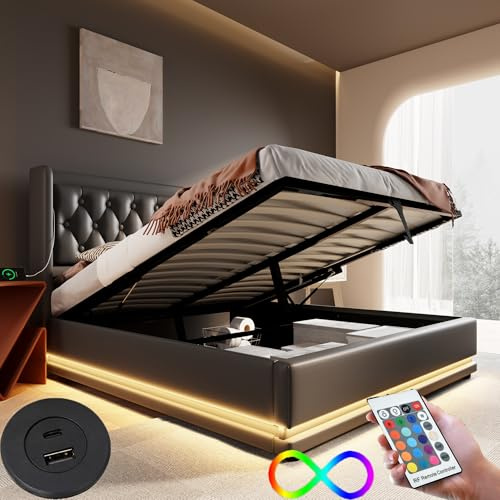 Sapgaks Bett 180x200 mit LED und USB Typ-C, Polsterbett 180x200cm mit Kopfteil und Stauraum, Doppelbett mit Lattenrost, Jugendbett Hydraulisches Stauraumbett Modernes Bettgestell aus PU -Schwarz
