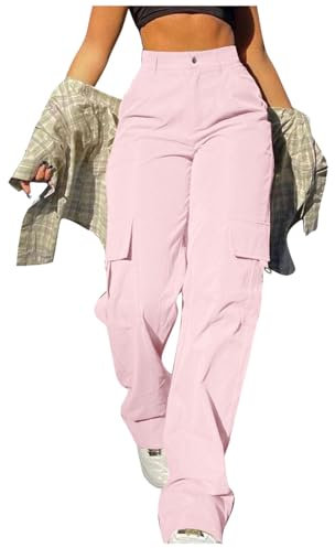 CGGMVCG Pantalon Cargo Baggy pour Femme - Taille Haute - Jambe L - Streetwear Y2K - Léger - Plusieurs Poches - Pantalon décontracté, Rose, S