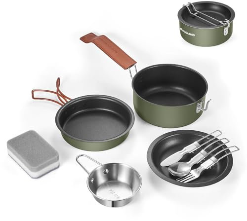 Odoland 10pcs Camping Geschirr Set, Hochwertiges leichtes Koch Set mit Teller Schüssel Gabeln Messer Löffel - Perfekt für Rucksacktourismus, Camping, Wandern und Picknick Grün