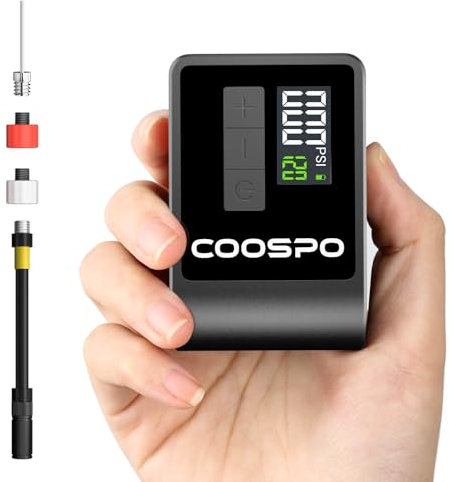 CooSpo Pompe a Velo Electrique, Mini Pompe Portable, Max 120 PSI, Pompe à air à arrêt Automatique avec valves Presta Schrader pour Tous Les vélos, Ballons, Accessoires de Voiture