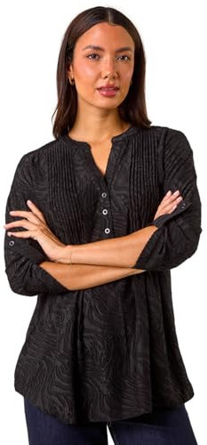 Roman Originals Pintuck Shirt for Women Ladies Jersey Blouse Collarless Top Flare Crinkle Notch Neck Tunic 3/4 Length Sleeve Longline Smart Casual Everyday Party Going Out - Noir - Size 18