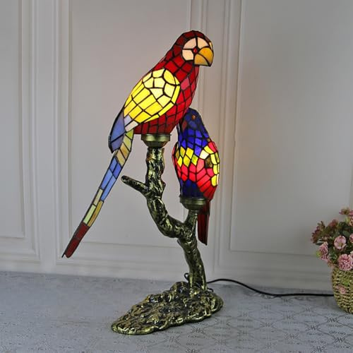 Fiunkes Parrots Table Lamp, Tiffany Style Red Green Yellow Stained Glass Accent Lamp, Parrots Decoration Lamp Bedside Lamp for Living Room, Study Room,D