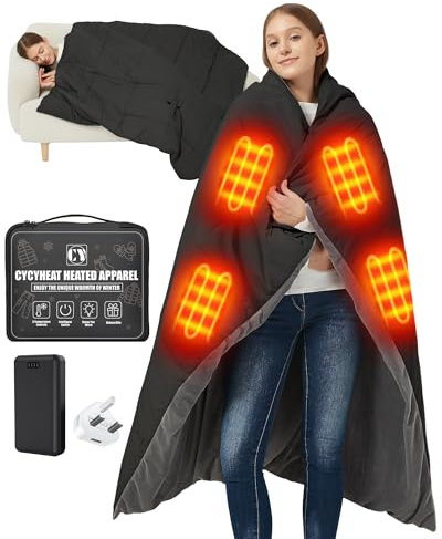 CYCYHEAT 20000mAh Heated Blanket Battery Operated - 7.4V DC Portable Wireless Cordless USB Heating Blanket for Outdoors (Black+DC 20000mAh Battery, Extra Blanket-57×48 inches)