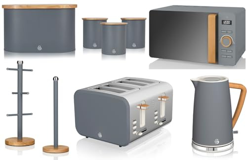 Swan Nordic Grey 1.7L Jug Kettle, 4 Slice Toaster, 800W 20L Microwave, Bread Bin, Canisters, Mug Tree & Towel Pole. Scandinavian Inspired Design Matching Kitchen Set of 9 in Slate Grey