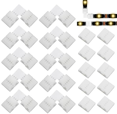 20 Pièces Connecteurs LED 4 Pin 10mm pour Rubans LED RGB SMD 5050, avec 10pcs Connecteurs d'Angle en L et 10pcs Connecteur Bande LED, 4 Broches Raccord Bande LED Sans Soudure pour Installation Facile