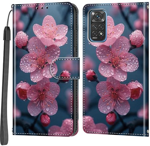 Haninsuze Handyhülle für Xiaomi Redmi Note 11/11S, Pfirsichblüte | Magnetisch, Stoßfest, Kartenfächer, Flip PU Leder, Brieftasche Schutzhülle, Ständer Klapphülle