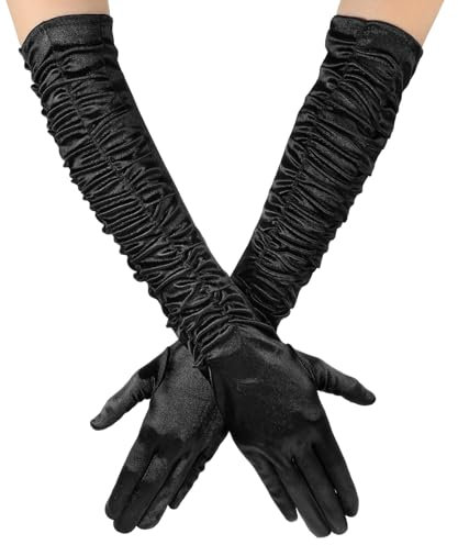 Yolev Black Long Satin Gloves Women Shirred Formal Gloves 1920s Gatsby Accessories for Opera Masquerade Tea Party Wedding