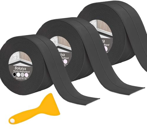 Bokaiya Bath Sealant Strip 38cmx3.5m, Self-Adhesive Caulk Strip 3pc Sealant Tape, Anti Mould Waterproof Sealing Tape for Kitchen, Bathroom, Toilet, Wall Corner and Sink, with Scraper，Black