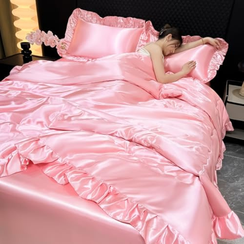 Cutfouwe Sommerdecke + 2 Kissenbezug, Luxus -Satin -Decke 200 × 220 cm für den Sommer, lebende leichte Bettdecke Rosa dünne gemütliche Bettdecke für warme Nächte,Rosa,200×220cm