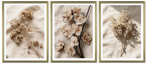 ARTFAVES® Poster Set - Dark Flowers 2-3-teilige Bildercollage Wohnzimmer, Schlafzimmer - moderne Wandbilder Trockenblumen, schwarz-beige, Blumen, elegant - 30x40 cm - mit Rahmen Gold