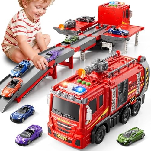 XINNOVEL Fire Trucks Toys for Toddlers Ages 3-5, Folded Carrier Truck Race Track with with Lights & Sounds and 6 Racing Car Toys, Birthday Gift for 3 4 5 6 7 8 Years Old Boys Girls