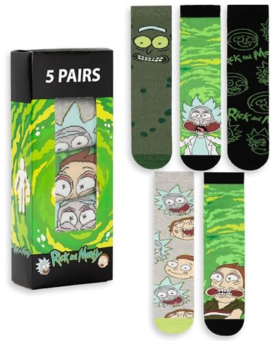 RICK AND MORTY Mens Green Calf Socks Set of 5 | Fun Character Patterns Featuring Rick & Morty | Everyday Wear | Comfortable Socks for Fans | R&M Merchandise