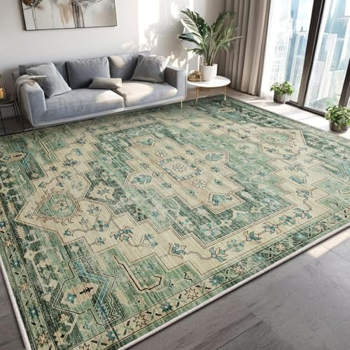 MOONLIGHT20015 Washable Rugs Living Room Large 200x290 cm - Fluffy Vintage Area Rugs for Bedroom - Non Slip Low Pile Soft Boho Rug Carpets for Lounge - Traditional Rug for Dining Room, Ember