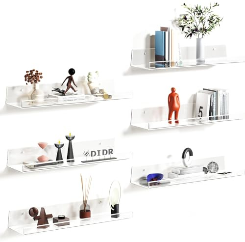 Qaxinmi 6-Pack Clear Acrylic Floating Wall Shelves for Storage, 38 x 10 cm | 5-Min Install, Display and Organize Photos, Books, Figures, and Makeup in Living Rooms, Bathrooms, Bedrooms, and Kitchens