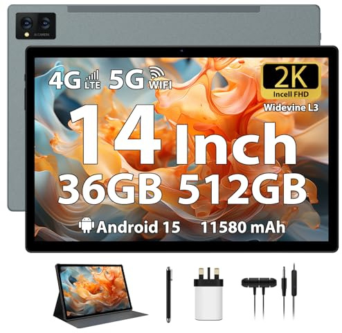 FLYCOAY 14 Inch Tablet Android 15 Gaming Tablet 36GB+512GB/TF 2TB, Octa-Core, 11580mAh, 4-speaker, 13MP Camera, Large Screen with Dual SIM 4G LTE/5G WiFi/GPS/13MP/Case/Stylus/Earphone-Gray