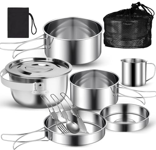 Camping Kochgeschirr Edelstahl Topfset, 10-teiliges Camping Kochgeschirr Set mit Camping Kochtopf Outdoor und Pfanne Set, 1.2L Camping Topf, Besteck & Tasse für Camping, Wandern und Picknick