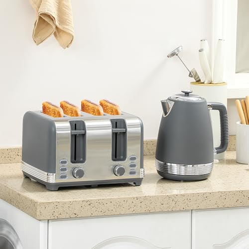 Kettle and Toaster Set 1.7L Fast Boil Electric Kettle with Safety Shut-Off, 4 Slice Toaster with 7 Browning Levels, Defrost Reheat Cancel Functions, Pebbled Design (Grey)