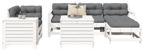 Teenpull Salon de jardin 7 pièces en pin massif blanc avec 3 canapés d'angle, 1 canapé central, 2 tables, 1 repose-pieds, design modulaire pour terrasse, balcon, extérieur