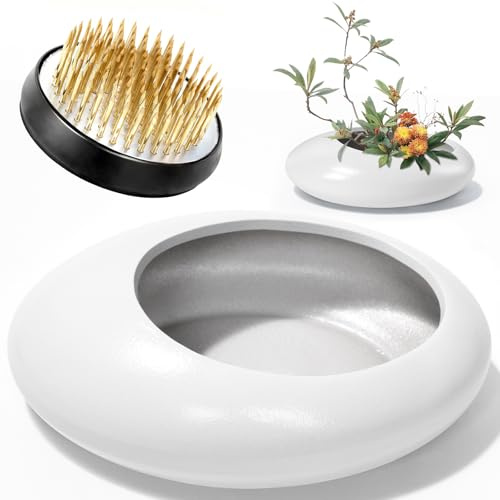 Flower Frog Vase Kit, 50mm Brass Florist Frog for Arrangements and Ceramic Water Drop Pot, Elegant Ikebana Flower Holder for Cut Flowers, Floral Decor Kit(White Large Size)