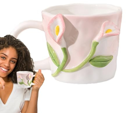 3D Flower Ceramic Mug - Lily of the Valley Handmade Mug, 12 oz Floral Tea and Coffee Glass | Cute 3D Ceramic Flower Milk Mug for Adults and Children