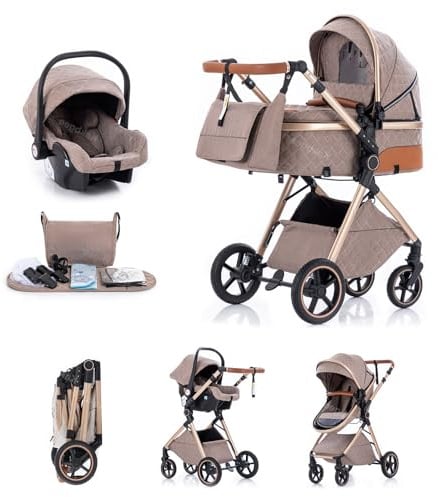 Kakbgee 3 in 1 Kinderwagen mit Babyschale, Buggy 7-Höhenverstellbarer Griff | Faltbar Buggy, 4-Rad Federung, Regenschutz, Moskitonetz, Kombikinderwagen für Neugeborene 0-3 Jahre (15kg), Khaki