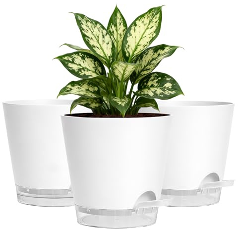 15cm Self Watering Plant Pots Indoor, 3 Pack - Side Refill Planters with Clear Water Level Reservoir & Wick System, Modern White Plastic Flower Pots with Drainage Holes & Saucer for House Plants