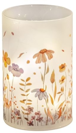 formano LED Tischlampe Deko Blumenwiese Zylinder Stimmungslicht aus Glas & Holz mit Timer, batteriebetrieben, Pastell-Peach, 14 cm - sanftes Ambientelicht für Tisch & Fensterbank