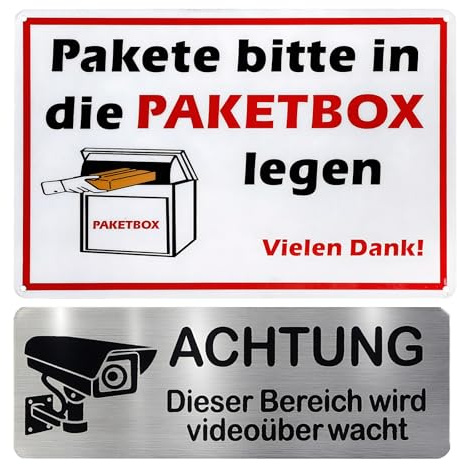 2 Pcs Schild Paketbox Aufkleber 20 X 30cm+Videoüberwachung Schild Aufkleber Set,Schild Postbox Für Pakete Outdoor Langlebig Und Robust,UV-Geschützt,Stoß Und Kratzfest,Bietet Doppelten Sicherheitsschut