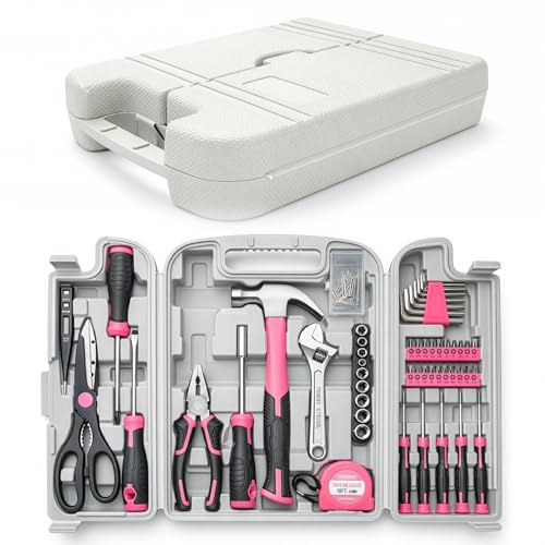 EVERGOODS 56pc Household Hand Tools Kit DIY Hand Tool Toolbox Set with Storage Case Including Daily Repair Small Tool for Home Use Pink Home & Office DIY Tool Kit Set. Pink Home Tool Set