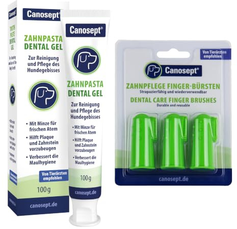 Canosept Zahnpflege Set: Hundezahnpasta Dental Gel 100g + Zahnbürste für Hunde (3 Stück) - Zahnpasta für Hunde, Hundezahnbürste Fingerling, Zahnpflege Hund, Zahnsteinentferner Hund
