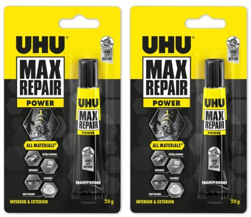 UHU Max Repair Power Flexible Transparent Adhesive Glue 2 Pack | Waterproof Repairs, Dishwasher Safe, Acid & Solvent Free, Indoor & Outdoor, for Wood, Metal, Glass, Ceramic, Plastic Repairs