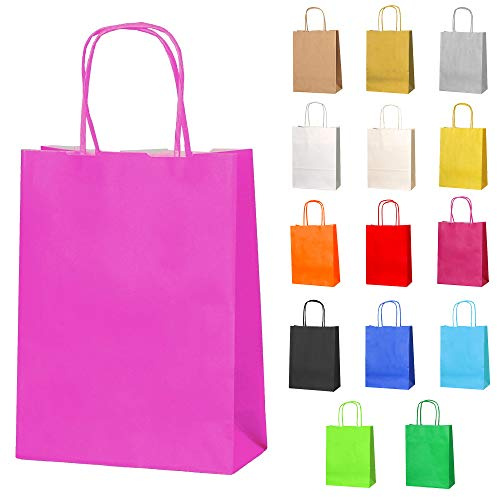 Thepaperbagstore 15 Hot Pink Small Paper Bags with Twist Handles, 18x22x8cm | colour recyclable kraft, ideal for sweets, favours, gifts, weddings, birthdays, parties and events