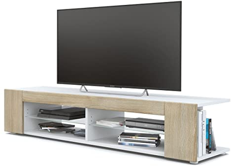 Vladon Lowboard Movie, TV-Kommode mit 4 offenen Fächern und Zierleisten, Weiß matt/Eiche Sägegrau (134 x 29 x 39 cm)