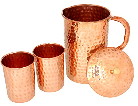 Zap Impex Pichet en cuivre martelé avec 2 verres en cuivre pour des bienfaits pour la santé Pichet à eau en cuivre 1600 ml Marron