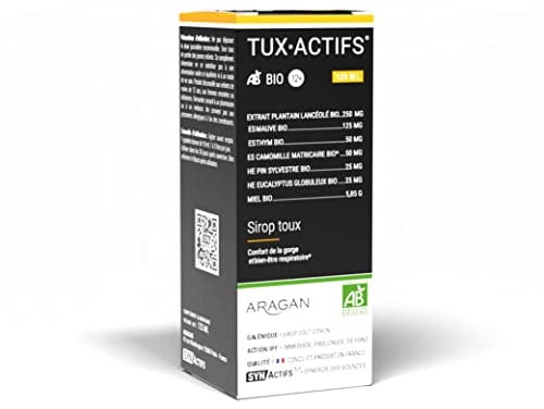 ARAGAN - Synactifs - Tuxactifs Bio 12 + - Complément Alimentaire Toux et Gorge Irritée - Camomille, Miel, Mauve, Plantain, Huiles Essentielles - 125 ml - 4 à 12 jours de prise - Fabriqué en France