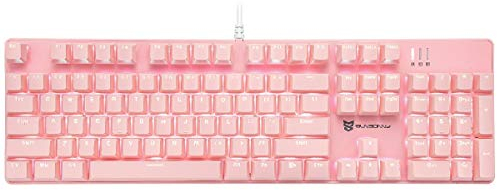 Qisan Mechanical Gaming Keyboard Wired White Backlit Keyboard Blue Switches Full Size 104 Keys US Layout-Pink