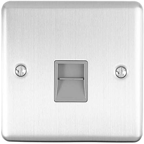 BT Telephone Slave Extension Socket -SATIN STEEL & Grey Trim- Secondary Line Wall Face Plate – Flush or Surface Mounted Phone Plug – 1 Gang Decorative Metal Plate