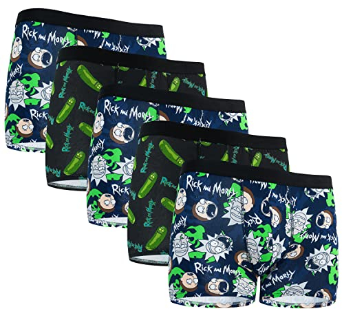 Rick and Morty Boxershorts Herren Lustig, 5er Pack Unterhosen Männer Baumwolle, Pickle Rick Herren Unterhosen (L, Schwarz/Blau)
