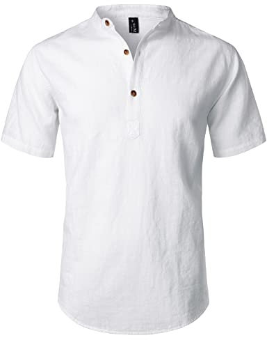 LucMatton Men's Casual Cotton Linen Short Sleeve Henley Shirt Summer Lightweight Banded Collar Beach Tops White Medium