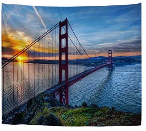 A.Monamour Wandteppiche Wanddekor Golden Gate Bridge San Francisco Sonnenuntergang Landschaft Bild Stoff Wandtuch Wandbehang Wandkunst Wandbilder für Schlafzimmer Schlafsaal Wohnzimmer 180x200cm