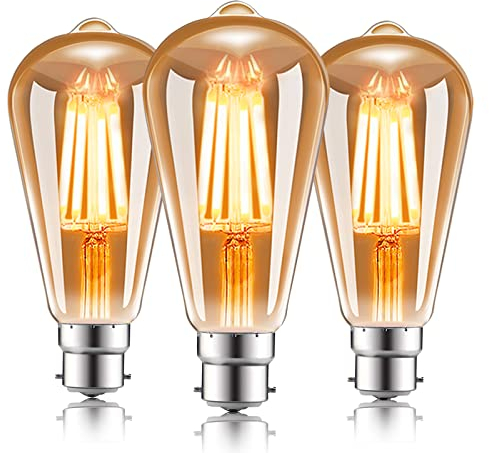 EXTRASTAR B22 ST64 Vintage LED Bulbs, 4W Bayonet Light Bulb, 33W Equivalent, 360LM, 2200K Warm White, Amber Retro Style Energy Saving Filament Decorative Bulbs, No Dimmable, Pack of 3