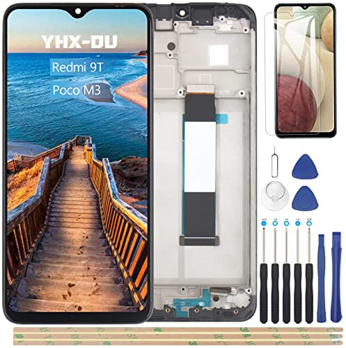 YHX-OU 6,53 para Xiaomi Poco M3 Redmi 9T Pantalla LCD Conjunto de Digitalizador Táctil Reemplazo de Pantalla con Herramienta de Instalación + 1 Pieza de Cristal Templado (Negro + Marco)