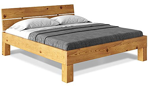 moebel-eins CURBY 4-Fuß-Bett mit Kopfteil, Material Massivholz, rustikale Altholzoptik, Fichte, 140 x 220 cm, Natur, Standardhöhe