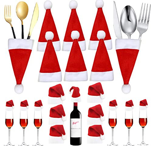 50 Stück Kleine Weihnachtsmützen für Flaschen Weihnachten Besteckhalter Mini Weihnachtsmütze Weihnachtsmann Weihnachtsdeko Besteckbeutel Bestecktasche Weihnachten Weinflasche Abdeckung Nikolausmützen