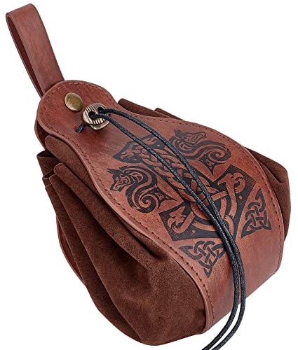 GORGECRAFT Mittelalterliche Ledertasche Mit Kordelzug, Vintage-Print, Tragbar, Braun, Gürteltasche, Würfel, Geldbörse Für Frauen, Männer, Wandern, Hüfttaschen, Kostümzubehör, Wolfshammermuster