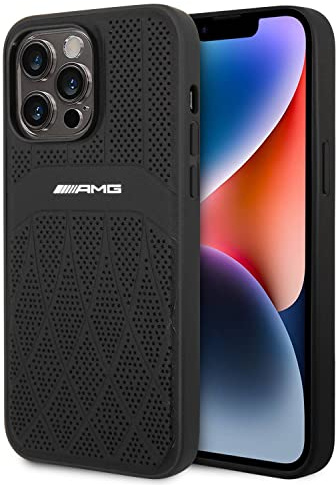 CG MOBILE amg Compatible with Magsafe Genuine Leather Case with Perforated Leather and Curved Lines Bumper Protection/Scratch-Resistant, Compatible with iPhone 14 Pro Max 6.7 black