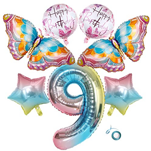 Jxuzh 7 Stücke Schmetterling Luftballons Bunte Schmetterling Folieballons Schmetterling Deko 9.Geburtstag Mädchen Schmetterlingsdruck Ballon Für Schmetterling Hochzeit Geburtstag Party Deko