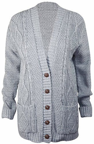 Purple Hanger Women’s New Long Sleeves Ladies Chunky Aran Cable Knit Button Grandad Cardigan Sweater Plus Size 8-26 (24-26, Grey)